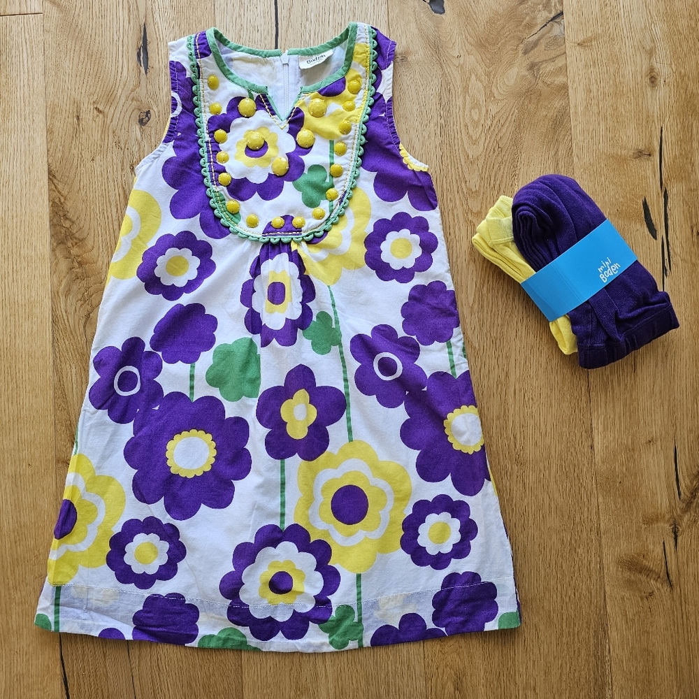 Mini Boden girl dress size 7 8 new matching Footless tights indigo purple yellow
